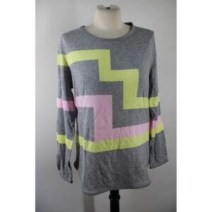 Basler 40 M/L Gray Pink Yellow Long Sleeve Geometric Intarsia Knit Top